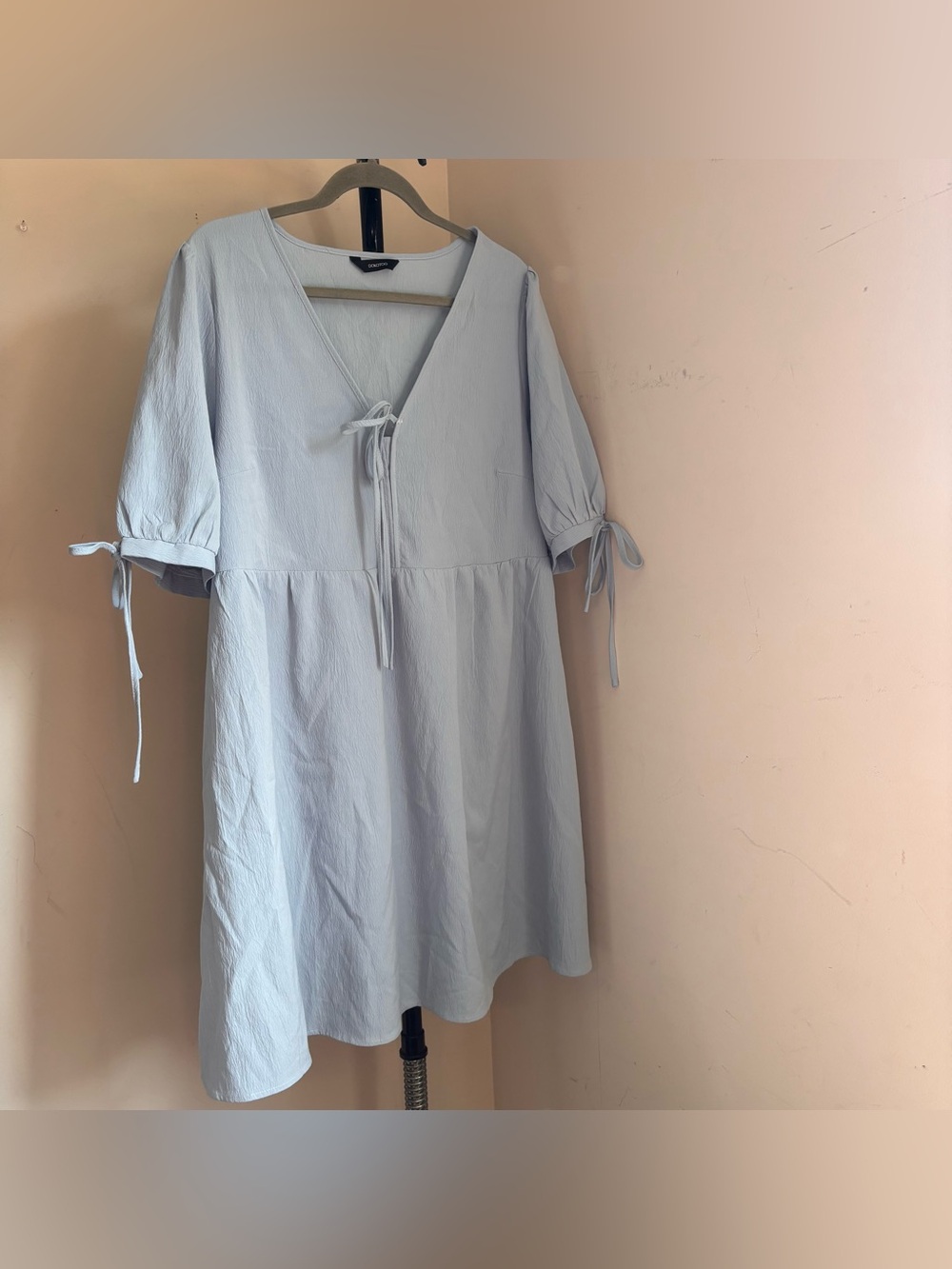 Light Blue V-Neck Tie-Front Dress with Puff Sleeves